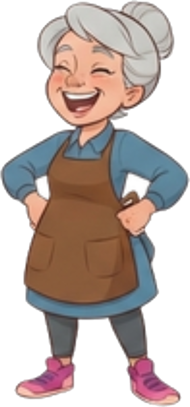 Ms. Spud the lunch lady laughing in her brown apron and pink sneakers