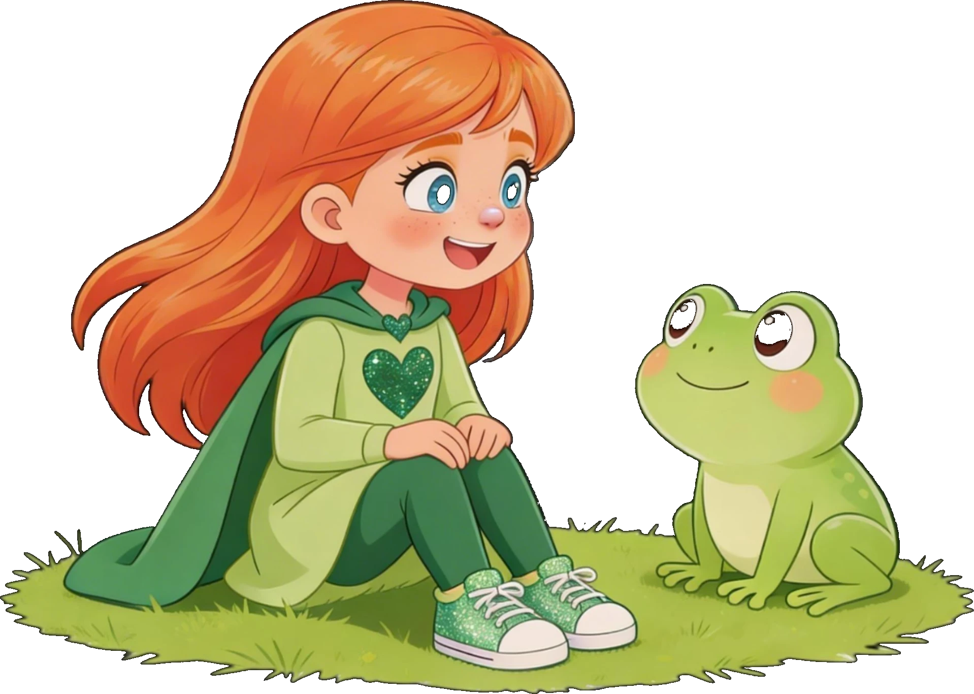 Lulu Lilly sitting in the grass talking to a little green frog