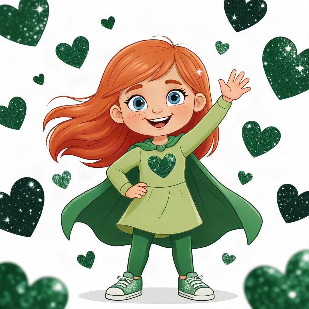 Lulu Lilly surrounded by green hearts