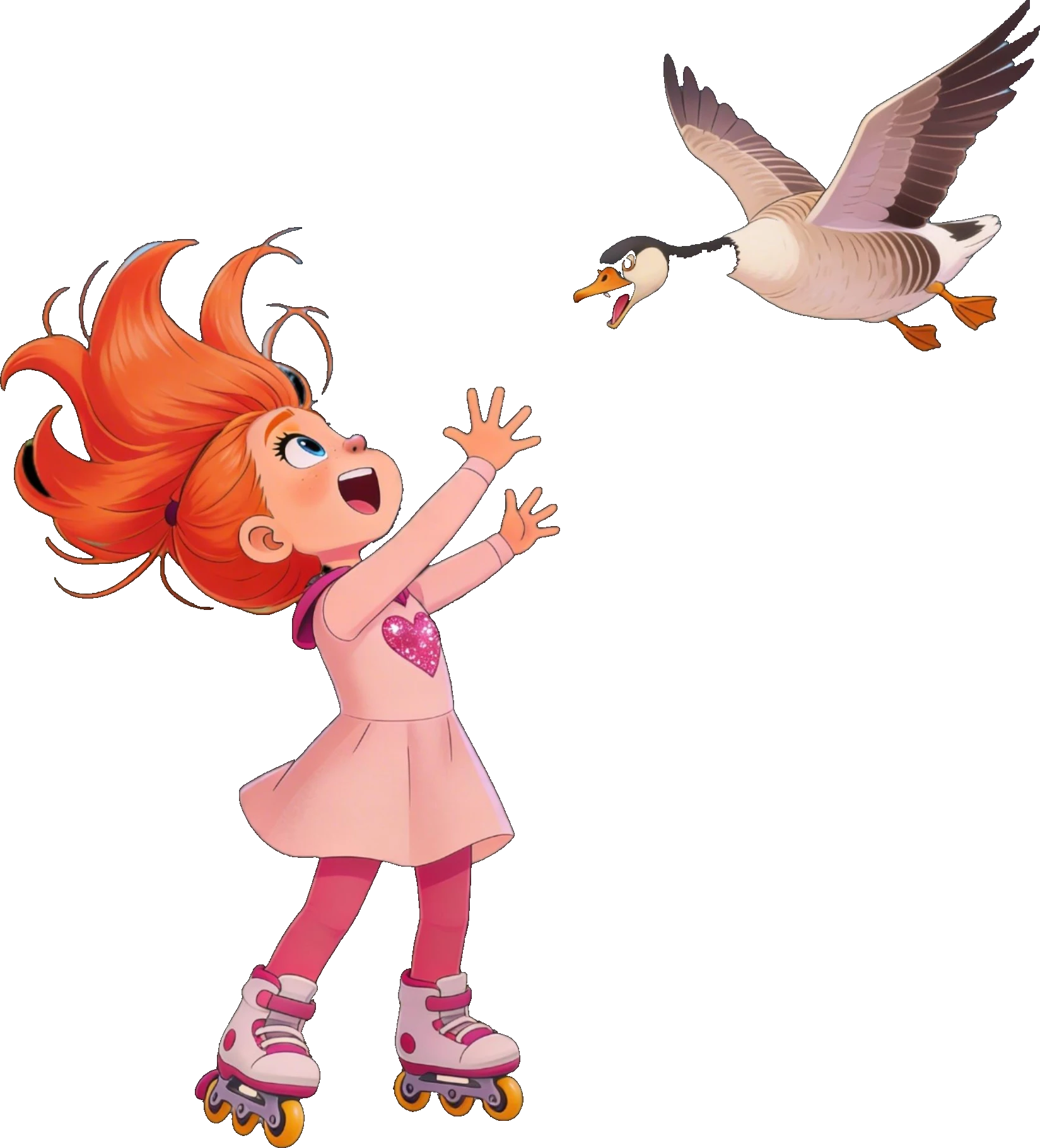 Lulu Lilly on roller skates waving at a honking goose