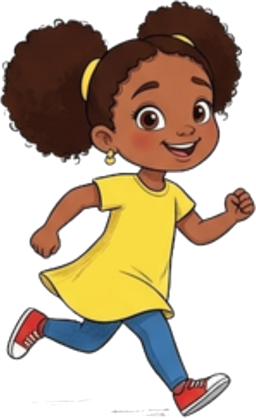 Ruby running in her yellow dress with curly puff pigtails