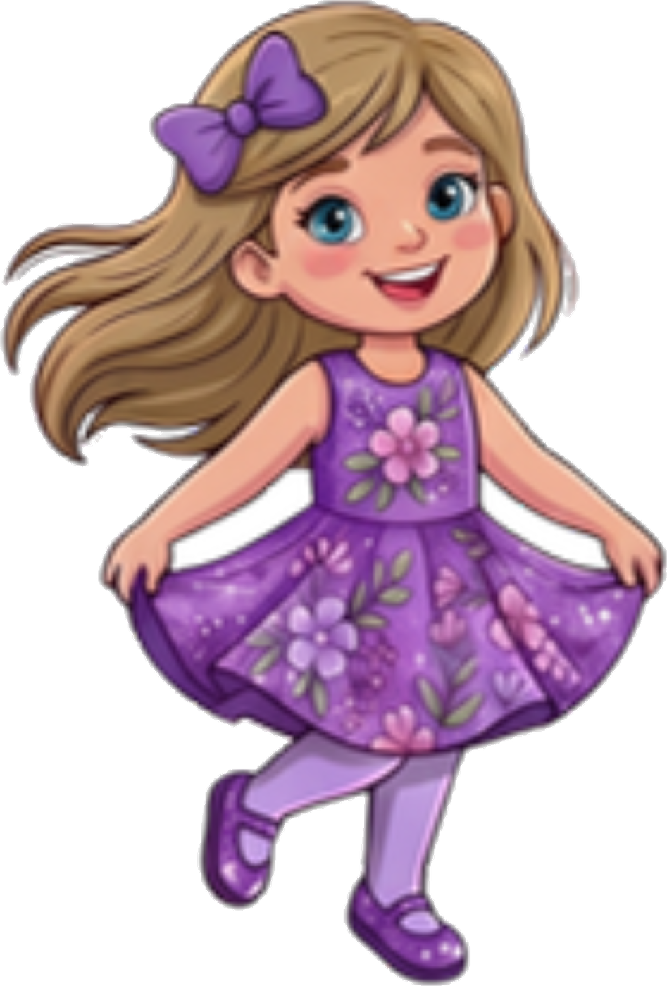 Hadley twirling in her purple flower dress with a big bow