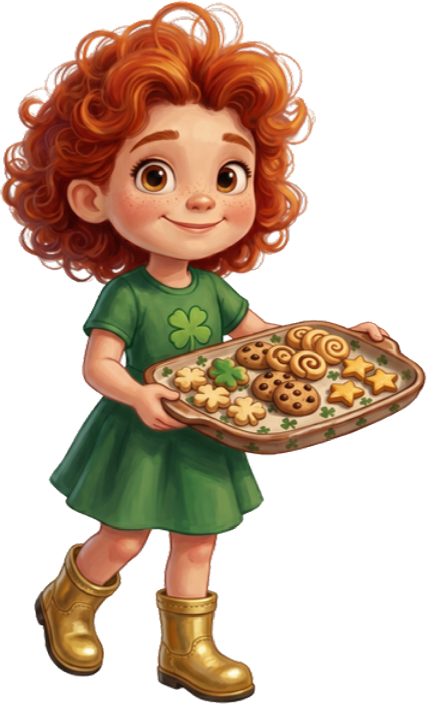 Cookie in her green clover dress holding a tray of cookies
