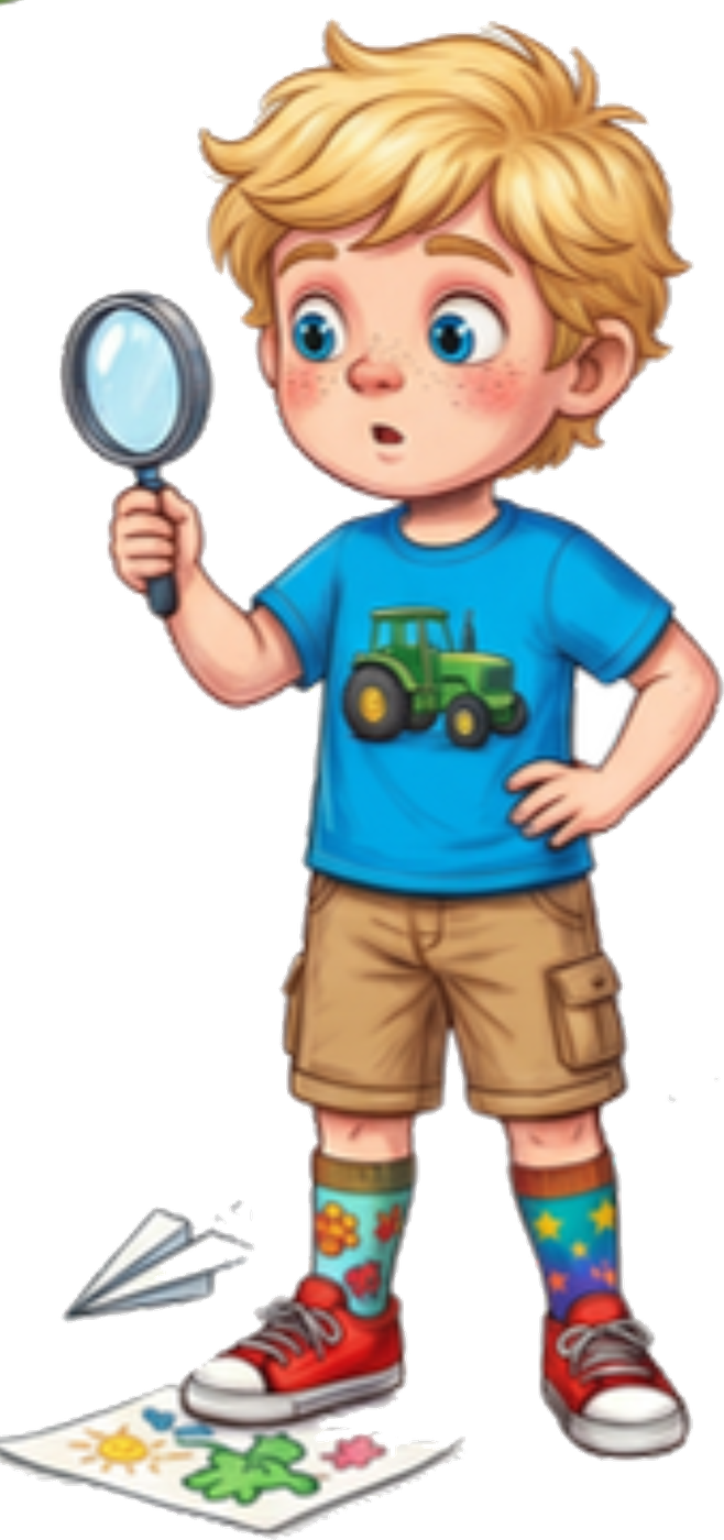 Tommy Two-Socks with a magnifying glass, tractor shirt and mismatched socks