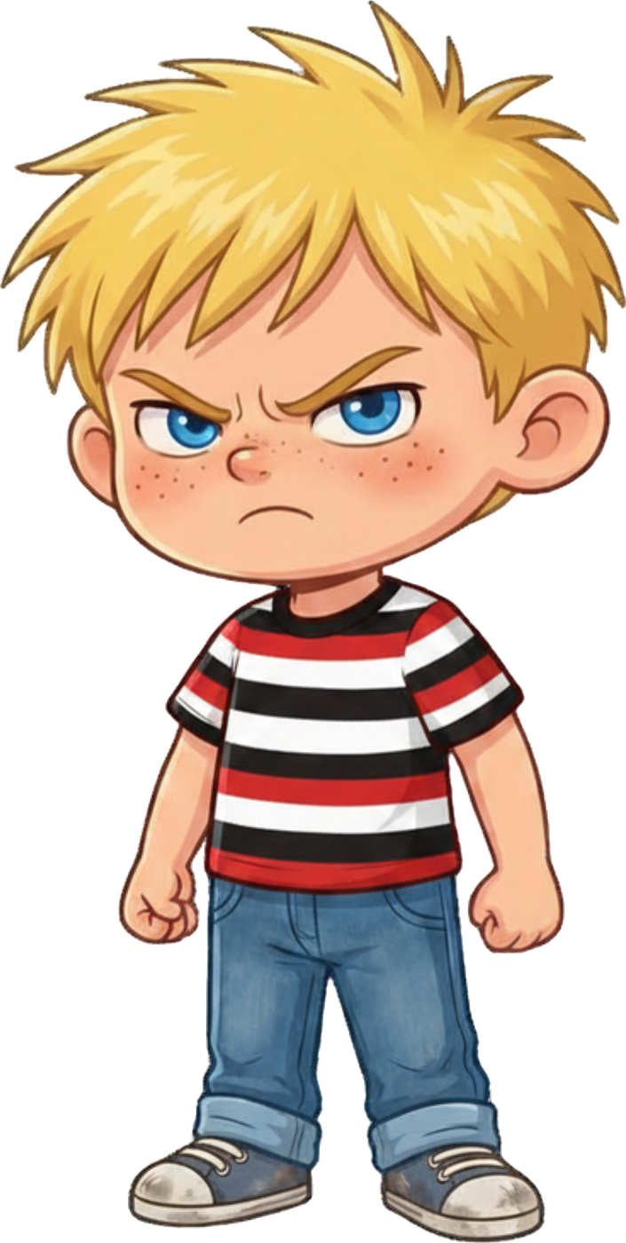 Meanie Jim scowling in his striped shirt and jeans