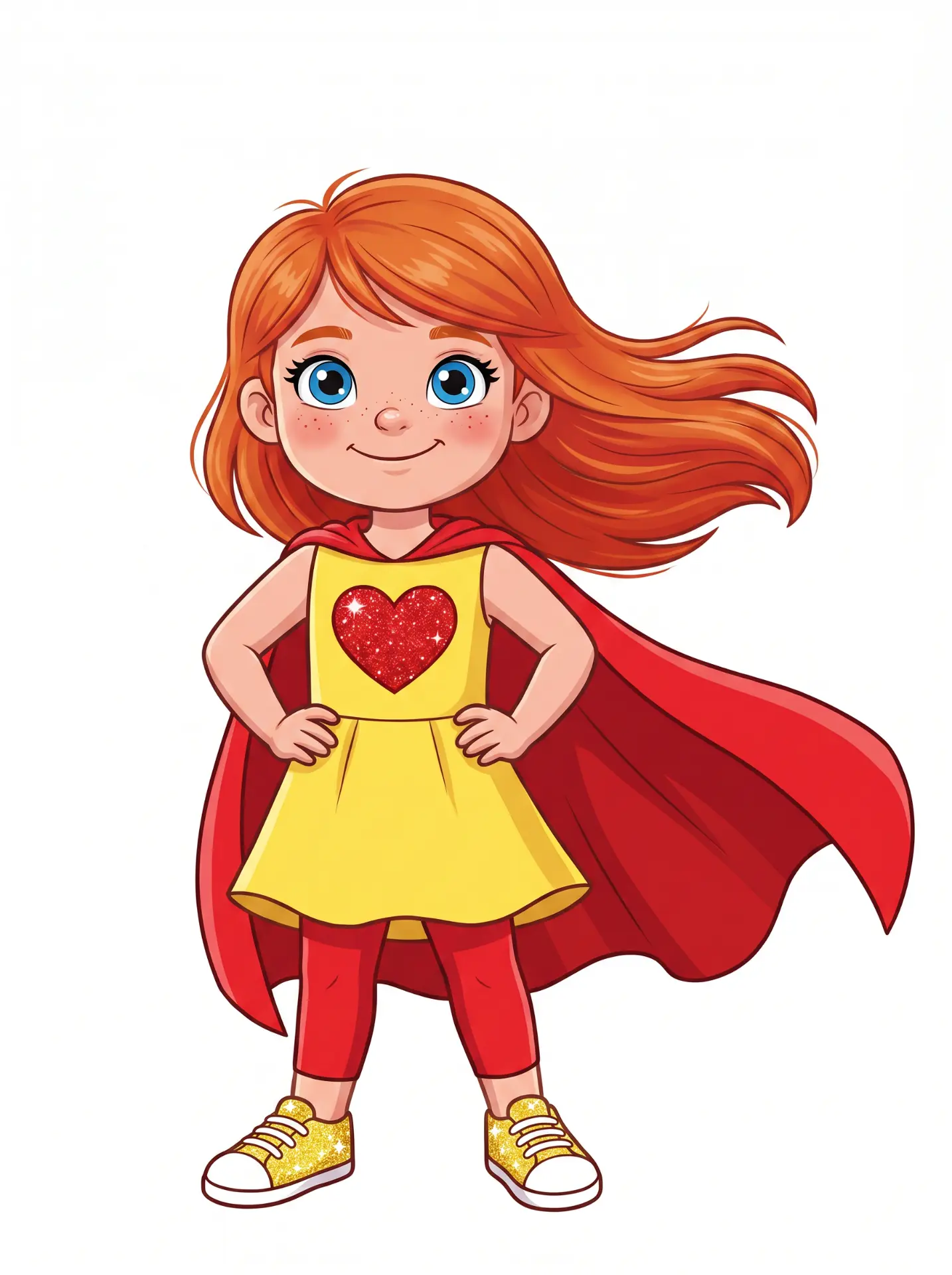 Lulu Lilly in a red cape and yellow heart dress, the Heartache Hero