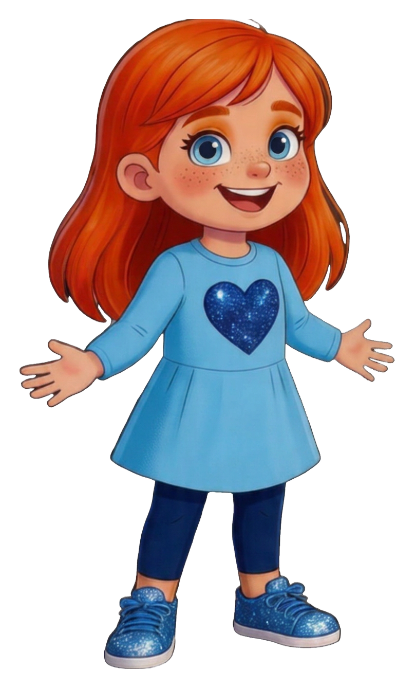 Lulu Lilly waving hello in a blue heart dress