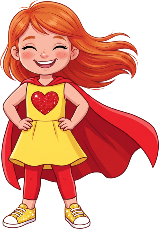 Lulu Lilly in her yellow heart dress and red superhero cape